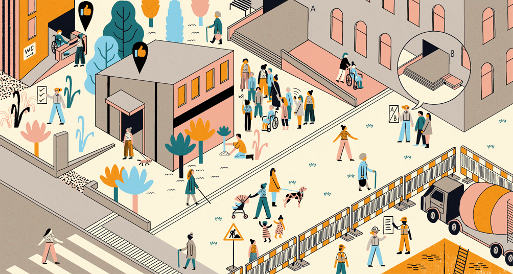 Farbig illustrierte Situationen verschiedener Menschen in möglichst barrierefreier Umgebung.